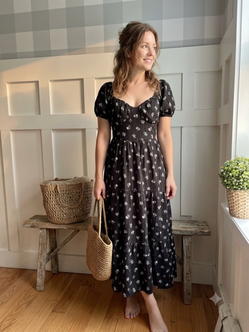 Black Maxi Dress‎ with White Floral Print and Puff Sleeves Small